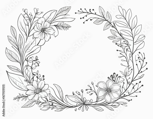 Hand drawn floral compositions in line art style. Elegant frame of flowers, stems and leaves. Trendy botanical elements. Vector illustration for logo or tattoo, save the date card, wedding invitation