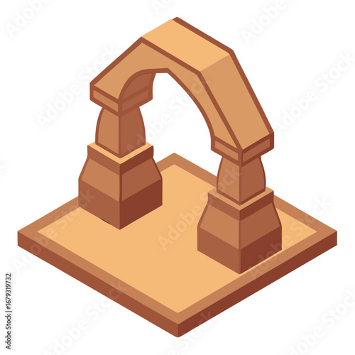 Isometric view of a stone archway with decorative pillars on a white background architecture