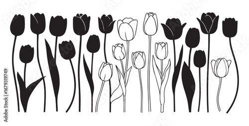 A striking black and white graphic illustration featuring a diverse collection of stylized tulips in full bloom with varying line art and silhouette designs