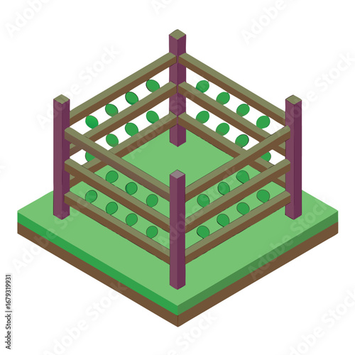 Isometric wooden fence structure with green spheres garden