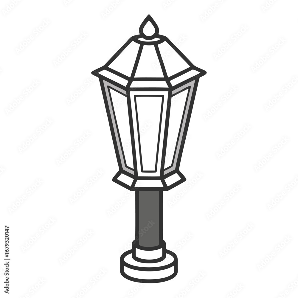 Obraz premium Old-fashioned street lamp with grey pole and hexagonal lantern on white background lamp post