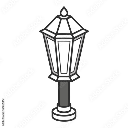 Old-fashioned street lamp with grey pole and hexagonal lantern on white background lamp post