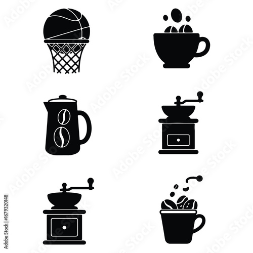 Collection of Black Silhouette Icons Featuring Basketball Coffee Pot Mill and Cup Designs on White Background