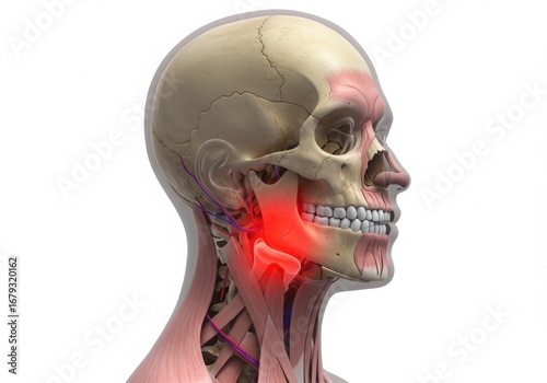 Human skull anatomy temporomandibular joint pain isolated on white background