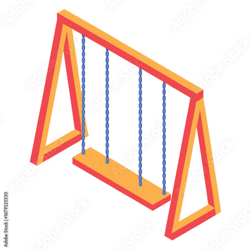 Red and Orange A- Frame Swing Set with Yellow Seat on White Background playground outdoor