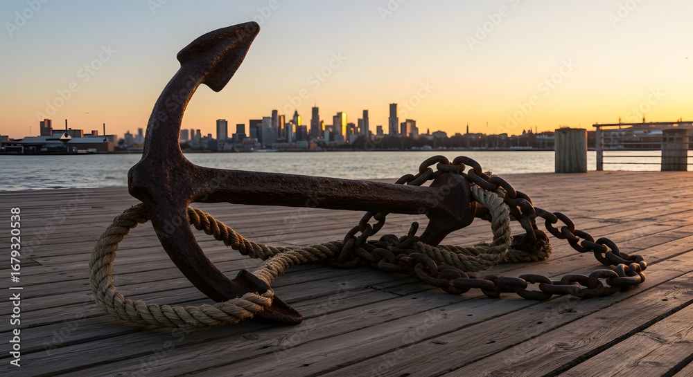 Fototapeta premium Rusty Anchor on Pier with Cityscape at Sunset