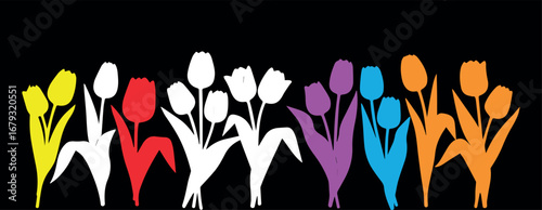 Vibrant rainbow of stylized tulips in silhouette against a stark black background symbolizing diversity and spring celebration