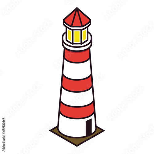 Red and white striped lighthouse with yellow light on white background beacon tower
