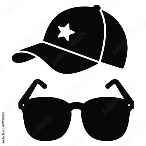 Cool and carefree silhouette of a baseball cap with star and stylish sunglasses representing summer fun and casual style