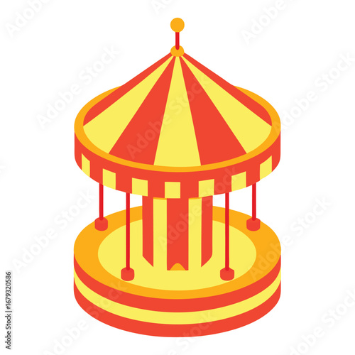 Red and Yellow Striped Carousel Amusement Ride on White Background amusement park fairground