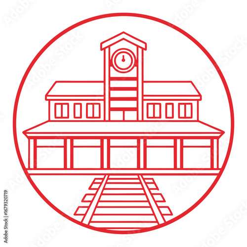 Red Line Art Train Station Building with Clock Tower and Tracks railway transportation