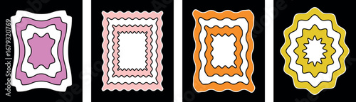 Decorative Retro Stamp Frame Set with Scallop Borders, Zigzag Edges, and Colorful Wavy Rectangle Picture Frames in Black Canvas