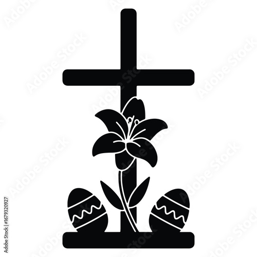 Easter Celebration Silhouette with Cross Lily and Eggs Symbol of Faith and Resurrection Christian Holiday Springtime Decoration