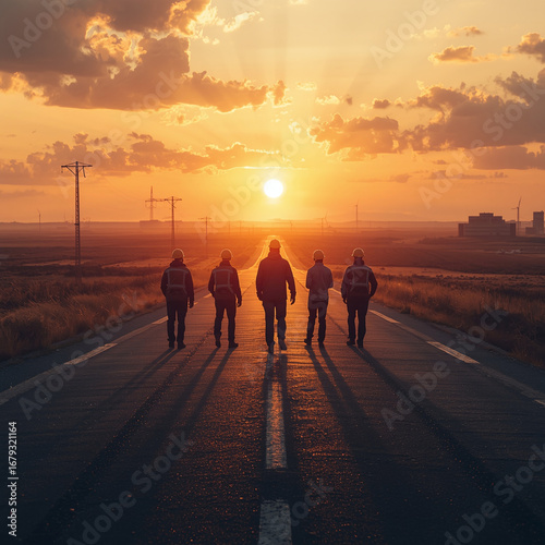An industrial, corporate, and humanized image, supported by: A leader leading a united team, everyone looking to the horizon, with a symbolic GPS charting the course. The image conveys clarity, direct