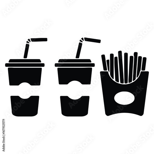Fast Food Meal Set with Two Soft Drinks and French Fries Black and White Illustration