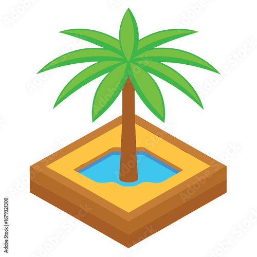 Single palm tree on a sandy island with a small pool of water isometric vector illustration