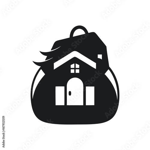 A shopping bag with a house, an isolated graphic for home delivery or furniture retail.