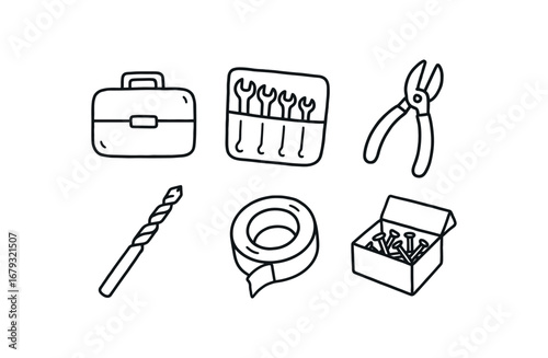hand drawn cute doodle style line isolated on white background: tool case spanner set plier grip drill bit tape roll nail box