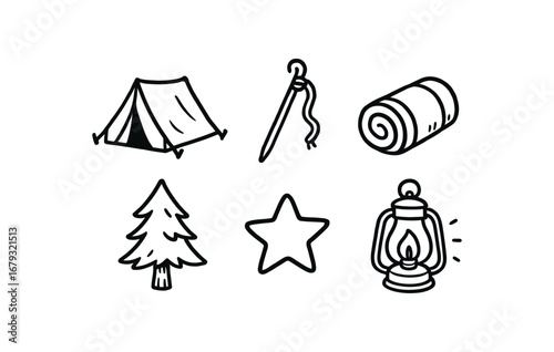 hand drawn cute doodle style line isolated on white background: camping tent rope peg camp mat forest tree night lantern light