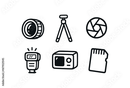 hand drawn cute doodle style line isolated on white background: camera lens tripod leg shutter ring photo viewfinder box memory card