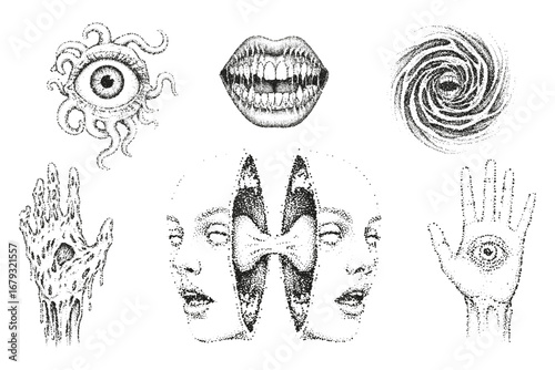 Set of Surreal and Lovecraftian Horror Icons, Stipple Art.