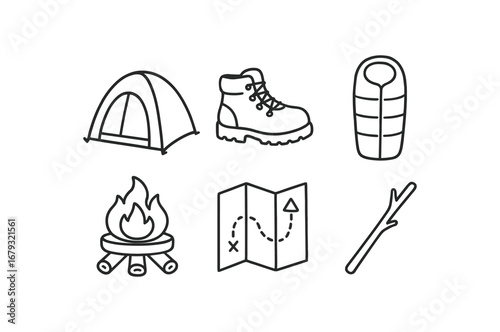 hand drawn cute doodle style line isolated on white background: dome tent hiking boot sleeping bag fire pit trail map wood stick