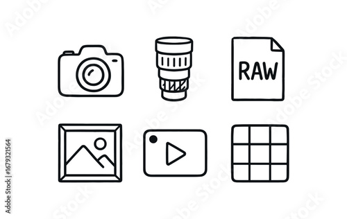 hand drawn cute doodle style line isolated on white background: digital camera lens raw file gallery frame video record capture grid