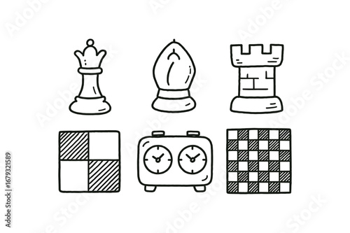 hand drawn cute doodle style line isolated on white background: queen piece bishop hat rook check game clock chess board