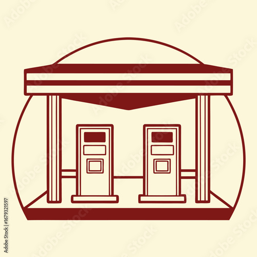 Stylized illustration of a vintage gas station with two pumps fuel petrol