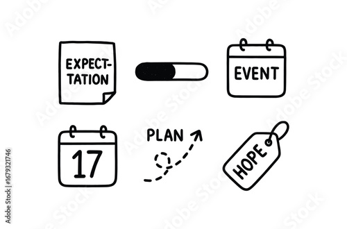 hand drawn cute doodle style line isolated on white background: expectation note timeline bar event calendar page plan line hope tag