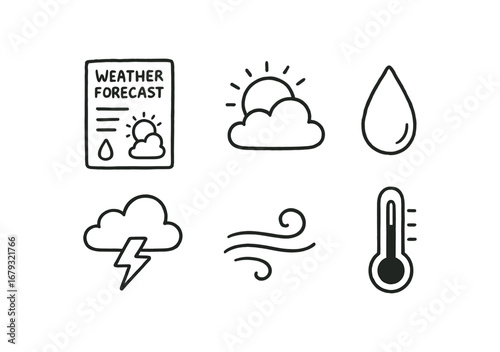 hand drawn cute doodle style line isolated on white background: weather forecast sun cloud rain drop icon wind line temp bar