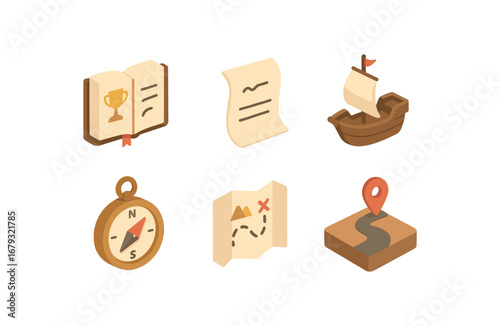 isometric icon items isolated on white background noble endeavor book page sail ship compass guide quest map journey road