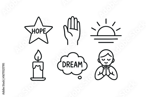 hand drawn cute doodle style line isolated on white background: hope hand rise sunrise line candle flame dream cloud prayer