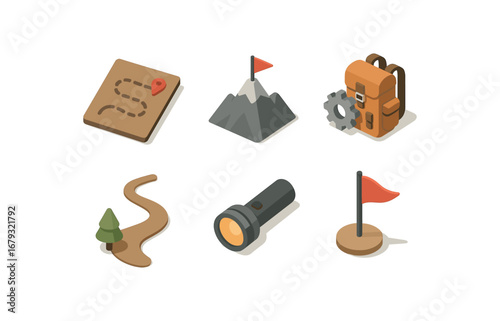 isometric icon items isolated on white background endeavor path mountain climb gear pack long trail torch light goal flag