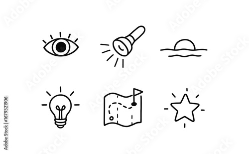 hand drawn cute doodle style line isolated on white background: eye light beam horizon line idea spark map path goal