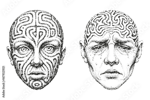 Faces with Maze Brain, Conceptual Stipple Art on Psychology.