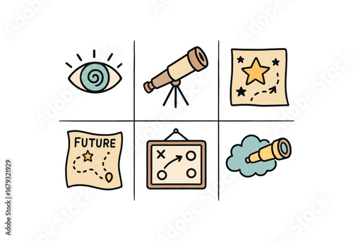 hand drawn cute doodle style line isolated on white background: visionary lens telescope tube chart future map plan board dream scope