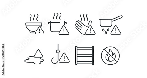 simple outline stroke icon 8 different hot soup hazard boiling pot caution steam burn risk slippery handle kitchen spill warning hanging hook caution storage rack zone no open flame