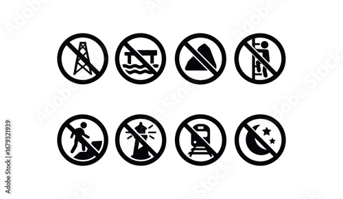 flat black solid icon 8 different items no tower access no pier access no rock access no ladder climbing no cliff access no beacon access no rail crossing no night entry isolated on white
