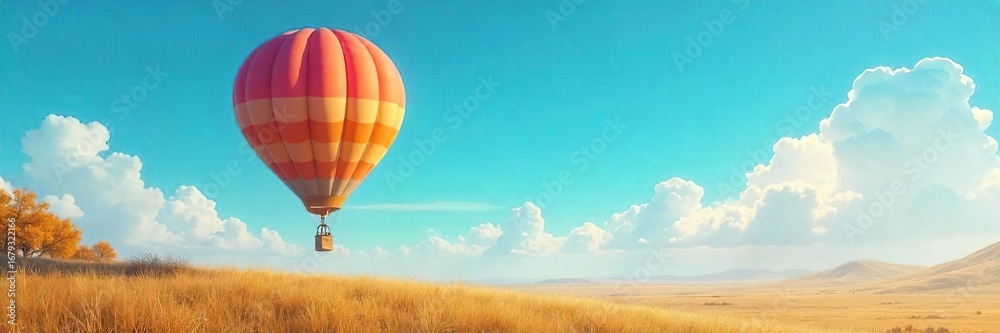 Obraz premium A whimsical hot air balloon floats serenely against a vibrant blue sky, casting a long shadow on the landscape below Perfect for travel, adventure, freedom concepts , rising, view