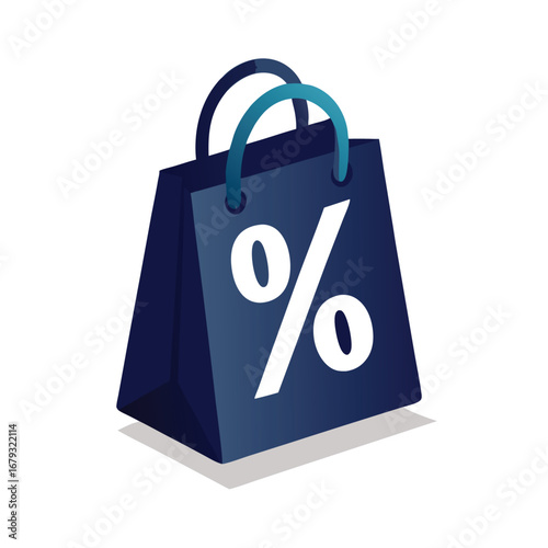 A shopping bag with a percent sign, an isolated graphic for discounts, sales, or coupons.