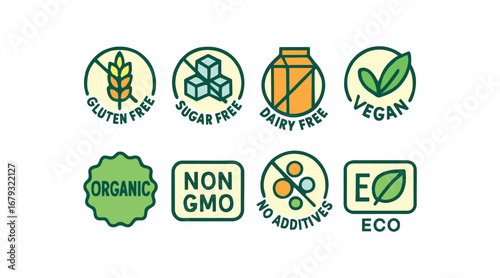 colored vector illustration icon 8 safety or eco labels flat fills with outlines gluten free sugar free dairy free vegan mark organic label non gmo no additives eco leaf isolated on white