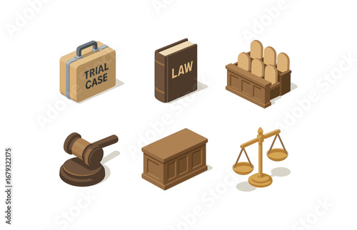 isometric icon items isolated on white background trial case law book jury gavel hammer court bench justice scale