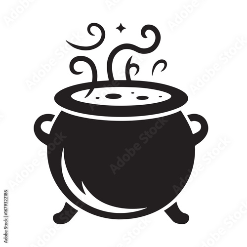 Black silhouette of a cauldron bubbling with steam and stars