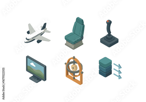 isometric icon items isolated on white background flight simulation pilot control stick screen view test gear data flow