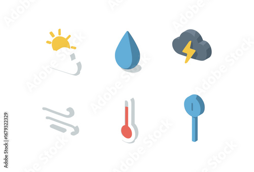 isometric icon items isolated on white background weather forecast sun cloud rain drop icon wind line temp bar