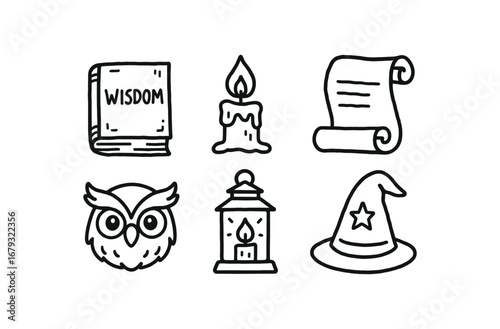hand drawn cute doodle style line isolated on white background: wisdom book candle flame scroll paper owl head lantern light sage hat