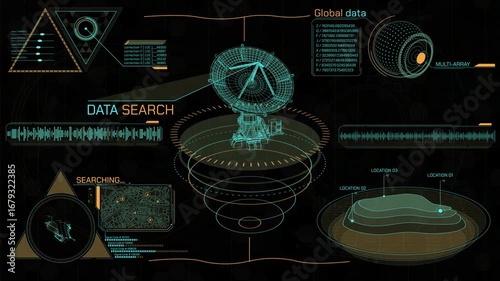 Animated display with a satellite dish antenna, showing data search