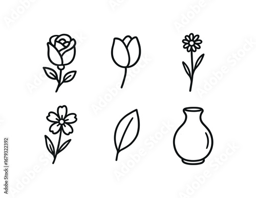 hand drawn cute doodle style line isolated on white background: rose flower tulip petal daisy bud lily stem blossom leaf spring vase