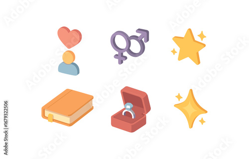 isometric icon items isolated on white background longing desire couple sign glow diary note ring box dream spark